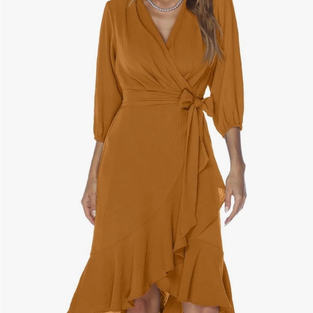 Women’s three-quarter sleeve V-neck ruffle wrap dress high waist with a tie belt